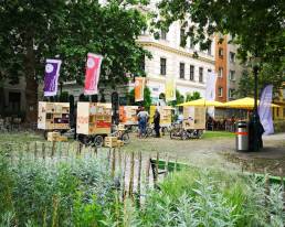 Klima-Tour am Sobieskiplatz mit den 5 Rädern Basic, Energie, Kreislaufwirtschaft, Artenvielfalt und Klimafahrplan