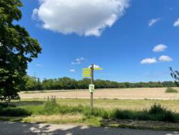 Neue Wegbeschilderung am Weg, dahinter Felder, ganz hinten Wald
