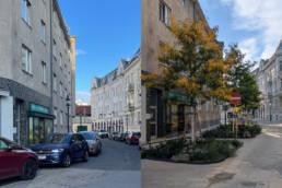 Altgasse vorher: Parkspur links und rechts. Altgasse nachher: Parkspuren weg, links großzügige Baumscheiben, Pflasterung