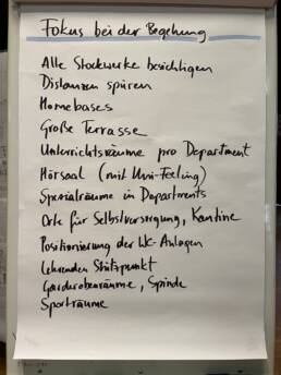 bafep21: Fokus bei der Begehung: Alle Stockwerke, Distanzen spüren, Homebases, Terrasse, Unterrichtsräume, Hörsaal, WC, Spinde, Sporträume